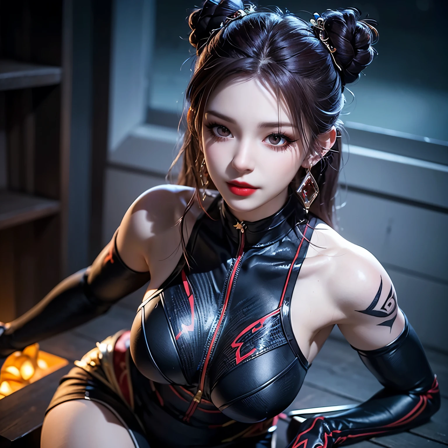 1 beautiful devil woman from hell, In the Dark: 1.6), surreal female portrait by David Hockney and Alphonse Mucha, fantasy art, korea doll, photorealism, dynamic lighting, artstation, poster, volumetric lighting, very detailed faces, 8k ultra, Awarded, in the dark, deep shadow, low key, cowboy lens, (Red phoenix dress: 1.4), long hair, black hair, bust, luxurious palace, Royal style, devil crown, red eyes make up very sharp and detailed, The most beautiful face, The breasts are very big and round and round, Super realistic, chinese women's clothing, polo neck sweater, Charming smile, The eyes are very well made up, guweiz, devil style, wearing black mesh socks, Ponytail with a bow tied at the back of the hair, Red black lips, Devil tattoo on shoulder, wearing a thin red and black robe, the landscape is overcast and thunderous, (Portrait), Close-up of the main character, (Background details 1.8),