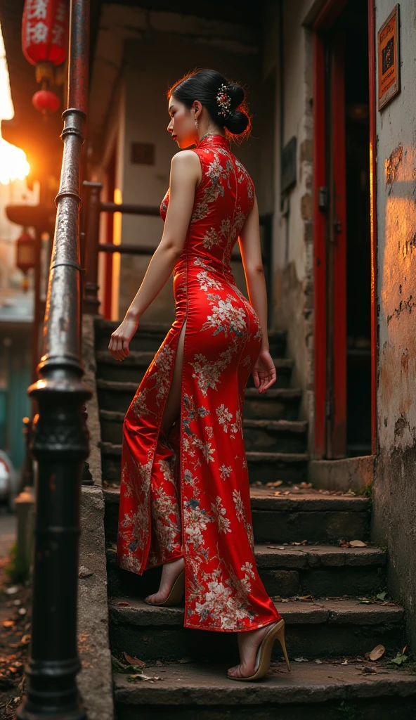 The Empress seen from directly behind, facing forward. On a cobblestone street outside a Qing Dynasty Chinese palace, the 39-year-old Empress is wearing a gaudy red floral Manchu empress dress. Her large buttocks are completely naked and hanging high and exposed. She sits naked with her legs wide apart and on the ground. Seen from behind. The traditional Qing Dynasty headdress is a large headdress with a gaudy double-headed flower. Her hair is tied up and pulled up at the back, making her look like a freak.