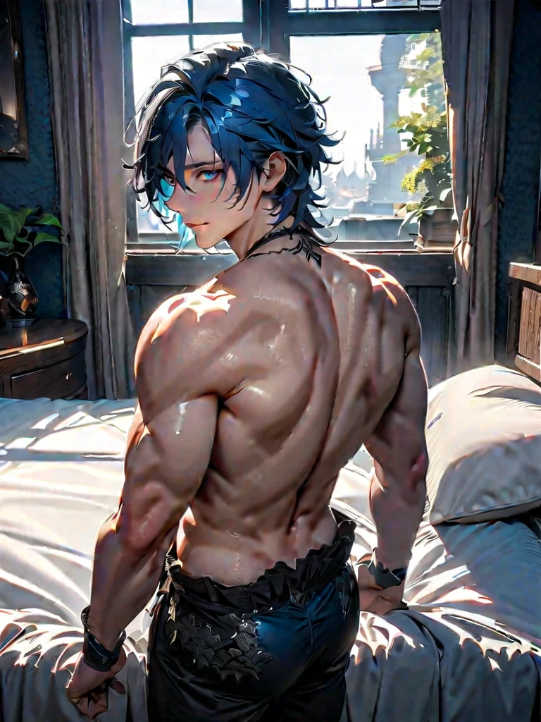 shirtless back bare chest dsnudo male serious pensive wearing the same boy, piel oscura cabello azul largo y lacio no mira al espectador, Third Shot looks at the 15-year-old city looking out from the dreary city balcony, nunca mira ala camara. , Straight blue hair if shirt standing on a terrace looking at a strange city, tiene mirada triste,