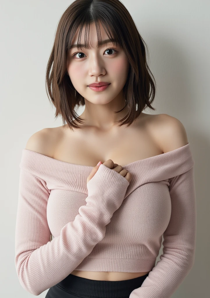 (Best quality, 8k, 32k, Masterpiece, UHD:1.2),Photo of Pretty Japanese woman, large breasts, very short bob hair,upper body,face focus,oversized_sweater, downblouse, necklace, simple background, from above, looking at viewer,