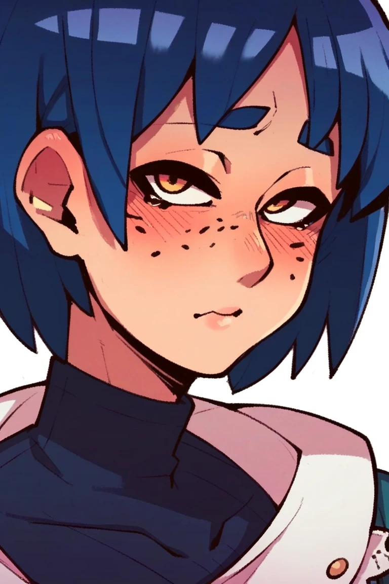 Screenshot of the anime Boku No Hero Academia, my hero academia a girl with a medium thin complexion and purple freckles with long blue almost black hair with purple highlights  , with sapphire blue eyes and purple stained purple villainous eyes long eyelashes 