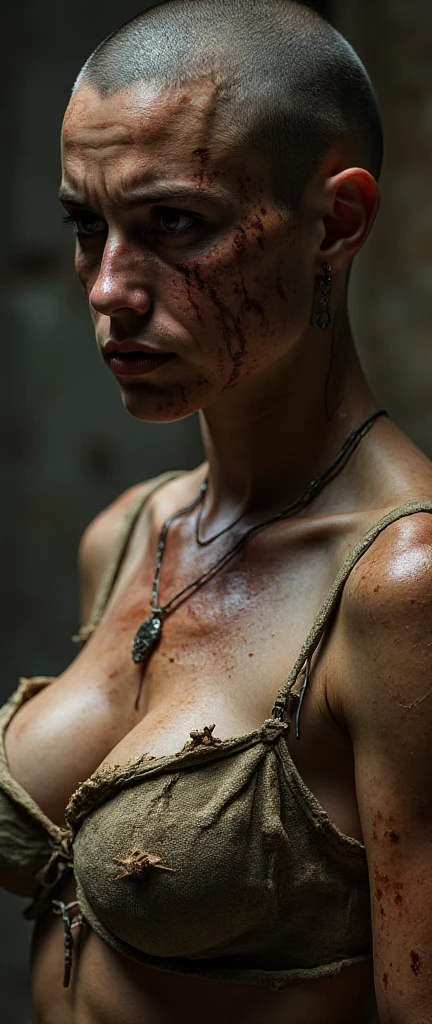 (Best Quality,4k,8K,hight resolution,Masterpiece:1.2),Ultra-detailed,(Realistic,Photorealistic,photo-realistic:1.37), scene with latina young girl, thin waist , wide hips, long legs, standing by wooden pole, high resolution photography, supple skin pores, salma hayek , detailed skin texture, cinematic movie image, detailed skin, 20 megapixel, detailed face skin,(Crying, Transparent Liquid ):1.3, Stick out her tongue,standingspreadeagle, ((pleading expression)), Wearing a collar with a chain,open open mouth,looking at viewer, short detailed hair,Colorful tattoos,legs spread wide open, Dim light,huge sagging soft breasts:1.3, pulls the chain, drools, sweaty skin, detailed skin, skin with imperfections, whip marks, busted breasts, scars, worn and worn appearance, sandy and texture-rich rendering,Very realistic image,bright color palette with desaturated tones,gentle warm color gradation,Dynamic lighting effects, view from above , first person perspective, looking up at viewer