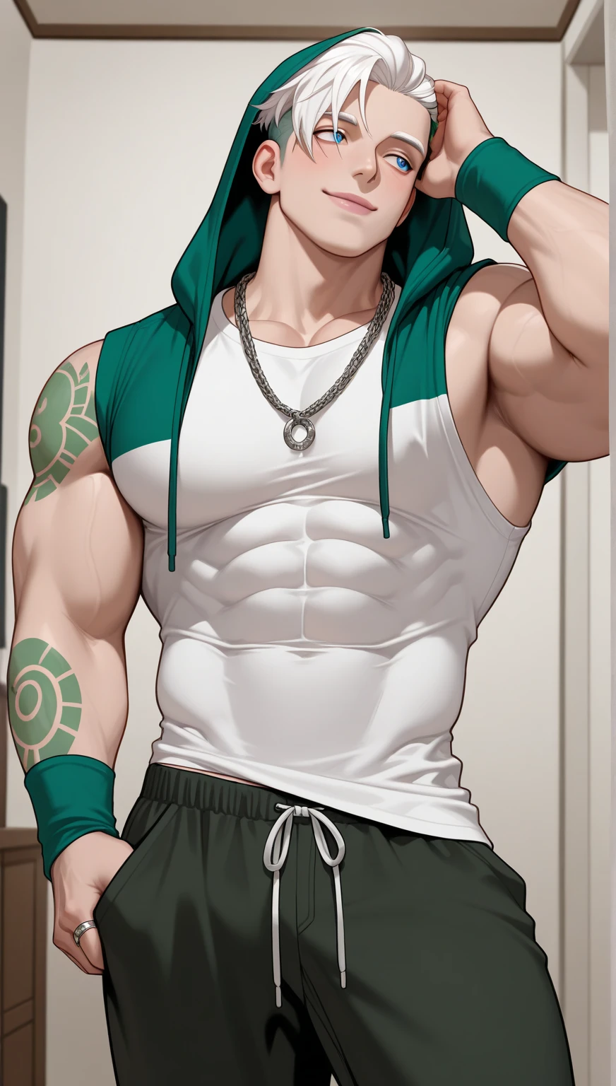 Boy, sixpack, commander style, short hair, perfect face, silver hair