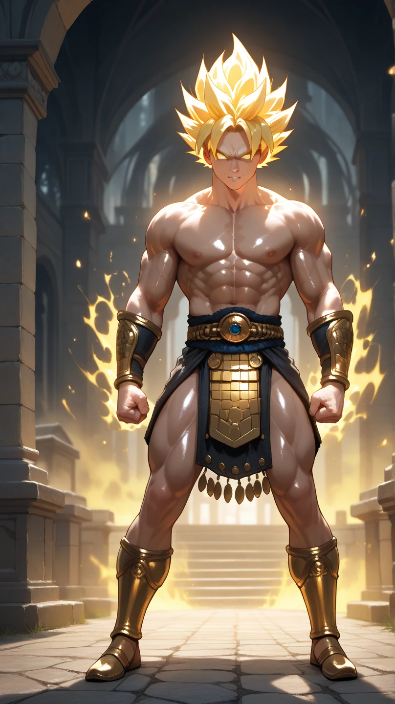 full view full body, one young white european ??? with undercut ligh-brown haircut, hyper muscular and over-bodybuilded, fighting and badly dominating one grown champion winner bodybuilder white european blonde male wearing a gold crown and huge champion gold belt, on ring