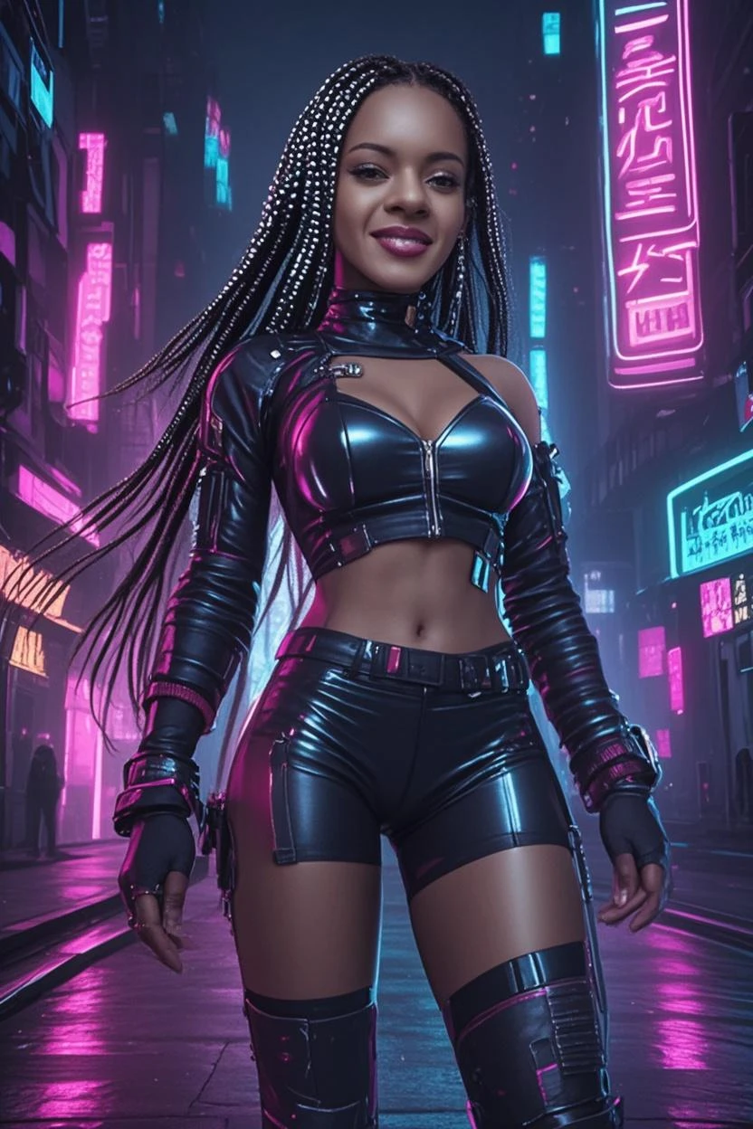 3D printed, Windsor tanned color PLA skin texture, masterpiece, Bionce (full body: 1.2), hair rings, medium breasts, :|, cyberpunk clothes, footwear, handwear, headwear, oily skin, safe for work, sexy arms, sexy legs, head ornament