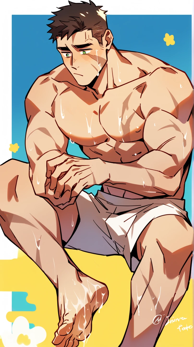Handsome boy,White hair,Rabbit ears,Abdominal muscles,Slim body,He has warm brown eyes.,Stars background,White shorts,White socks,White sneakers,Black belt