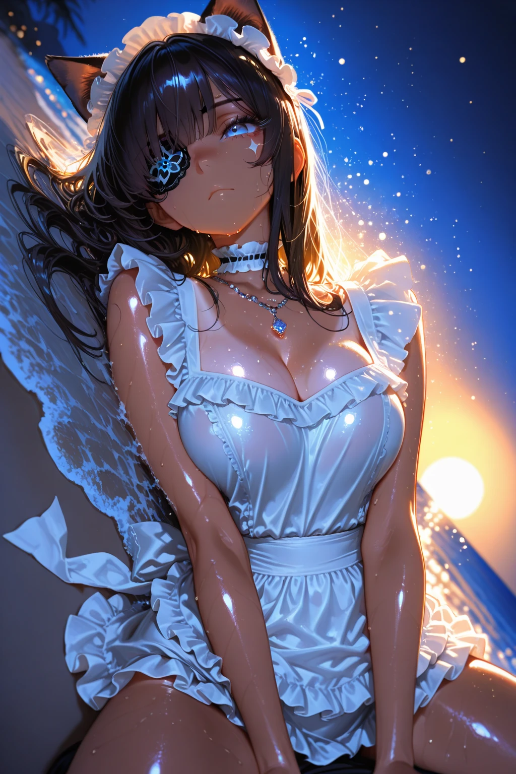 stylemix, 1girl, sunset, white dress, see-through, (pink panties:1.3), long dress, facing viewer, <lora:epiNoiseoffset_v2:2>, crossed arms, city,