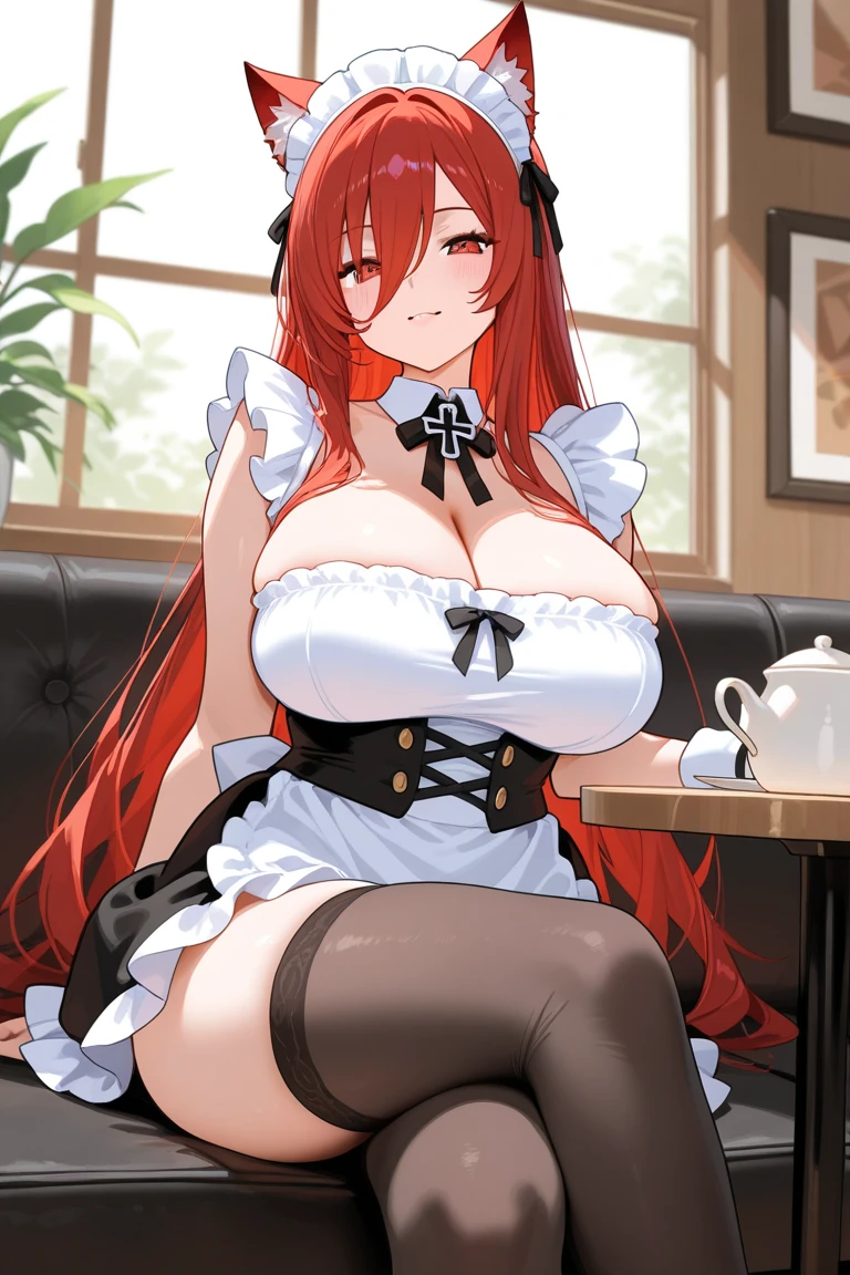 My name is Hikaru, I am a white test doll with long red hair and black eyes. I am 1.60 cm tall and weigh 56 kg. My breast sizes are 300 cm, my waist is 60 cm and my hips are 200 cm. Dressed in a long blue jacket and a garter belt along with a black thong. With big breasts 310 cm . Sitting in a desk chair  