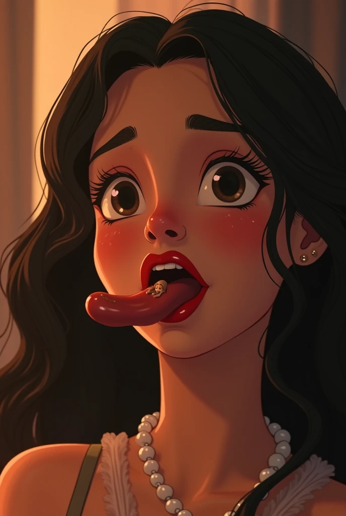 Sausage Movie Title Text="Sausage Party", Adult Movie Poster starring Beautiful Brunette, light gold bikini and jewelry, Beautiful Brunette eating a juicy Sausage. White cream splatter on face and dripping off her chin and dripping on her cleavage. Pixar Studio style.