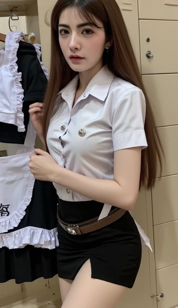 ((top-quality、8K、masterpiece:1.3))、Pretty women、20 years girl、Fair skin color、K-pop Idol Face、Colossal tits:1、slender figures:1、dark brown hair、(white walls)、(Waitress uniform)、hyperdetailed face、Detailed lips、A detailed eye、二重まぶた、sexy pose、A smile、Sexy Shots、Raw photo、a baby face、kawaii faces、Cute