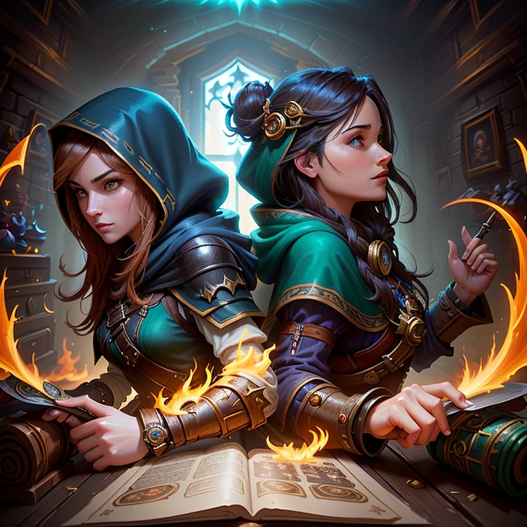Speed painting of portrait of a fantasy female brunette human adventurer, with a blue hood, in a temple, D&D character, holding a single very large magic book with butterfly on the book cover.