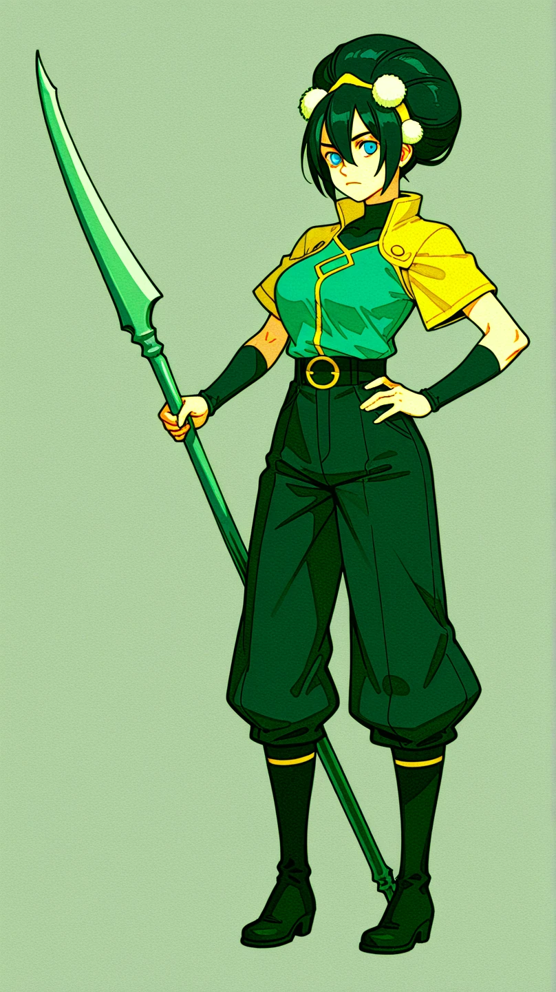 BEAUTIFUL AND STRONG WOMAN with GREEN EYES with HONEY reflection and big EYELASHES, thick and burgundy eyebrows, she looks full body, full body with big legs. Striking semi-short HAIR with FRINGE and UPPER ENDS, choppy and tied up with pointed ups, DARK BLUE HAIR with SALMON ENDS!! worrying and BEAUTIFUL complex clothing of yellow triangle pattern haori, hunter uniform, brown fur on the hip and a katana AND NATURAL BACKGROUND