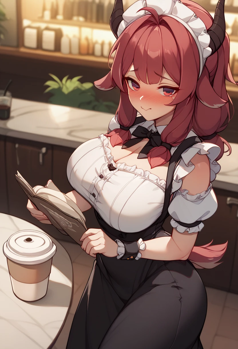 One girl, Stay \(honkai: Star Rail\), hairpin, Maid, Maid headdress, Maid apron, holding coffee on a tray, Lace-trimmed legwear,  Cafe, indoor, View Viewer, smile, (Highly detailed CG Unity 8k wallpaper,masterpiece, highest quality, Super detailed, Beautiful fine details:1.2, Large Breasts)