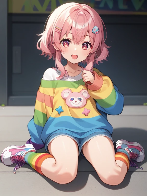 rabbit girl, light pink hair, short hair, happy smile, yellow-eyes, blush, little_girl,cute_loli, rabbit costume , cheerful, legs