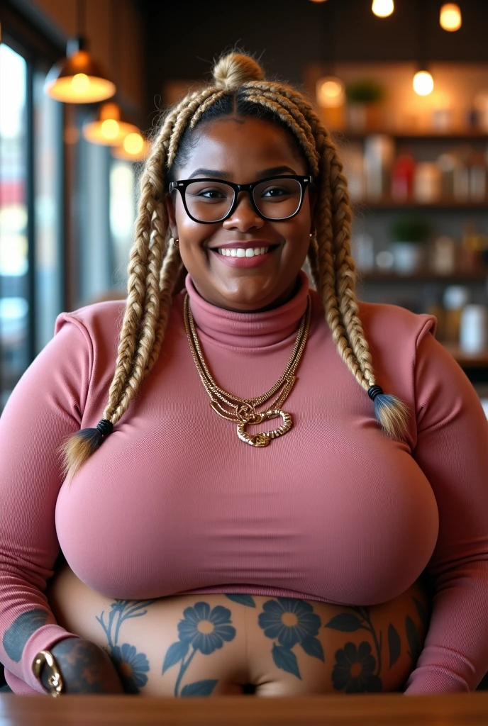 there is a ((black african woman:1.2)) in a dress and glasses posing for a picture, curvaceous. detailed, curvaceous, thicc,exposed massive breasts, alluring plus sized model, ebony, plus size woman, curvaceous. detailed expression, plus size, exposed huge breasts, nipples and areolas, full figured, beautiful thick female, rubenesque, with large breasts, bbw, immaculate complexion, ((remove clothing to completely expose breasts :1.4)),((in a church:1.4)) ,((uncontainable breasts,)),((tits are disproportionately gigantic for her body:1.4)),(she is wearing heavy makeup,glasses, bright red lipstick, a large cross pendant,clergy collar,and tattoos)), ((she has an extreme case of gigantomastia, macromastia, and breast hypertrophy:1.4)), (extreme-huge black areolas diameter 12cm),((1woman)),((revealing slutty clothing)),((invisible clothing)),chest up bust shot, bust shot, with large breasts, angelawhite, vanessa blue,with a large breasts, buxom chested, really large bust, large breasts, large breasts size