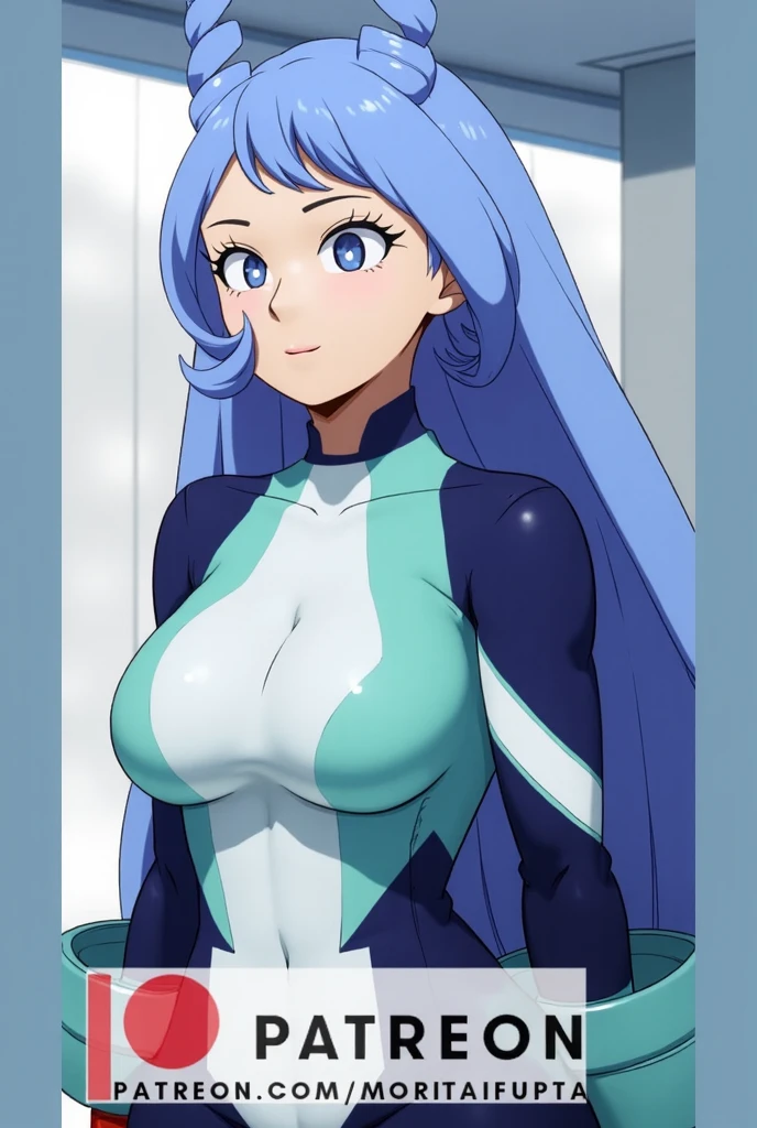 a beautiful girl with long soft blue hair, porcelain white skin, fine and delicate features like a doll and aqua green eyes She has a very detonating body, large breasts, small waist, large and squeezable thighs, and long, thin, milky-colored legs.
