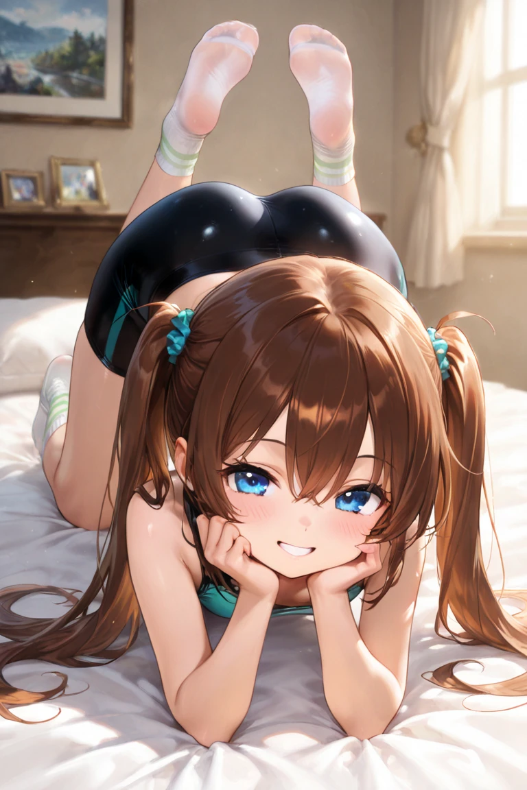 [1girl, daiwa scarlet \(umamusume\), umamusume], One girl, highest quality, Super detailed, masterpiece, Ultra-high resolution, 8k, Ridiculous, Cowboy Shooting, Focus on the girl, Embarrassing, blush, Lovely, Close one eye, With tears in her eyes and her mouth open, What saliva leaves behind, (arms behind head), (wariza), (competition swimsuit), (cleavage),(crop top navel), Sticky panties, White lace panties, Classroom Background, (Videl:1.2), The skirt is accidentally exposed,medium breasts, Accidentally exposed panties, Absolute area, Black knee socks