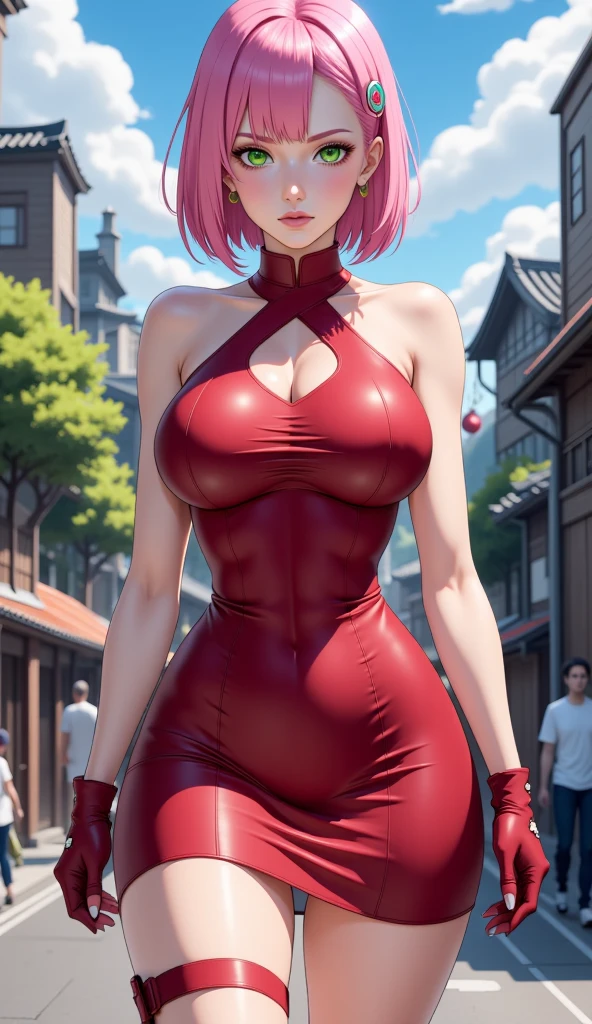 sakura haruno, exposed leg dress, maturebody, beautiful face, sultry posing, big buttocks, illustration, high resolution, ultra details, realisitic, swirly vibrant colors, soft lighting, cherry blossom theme
