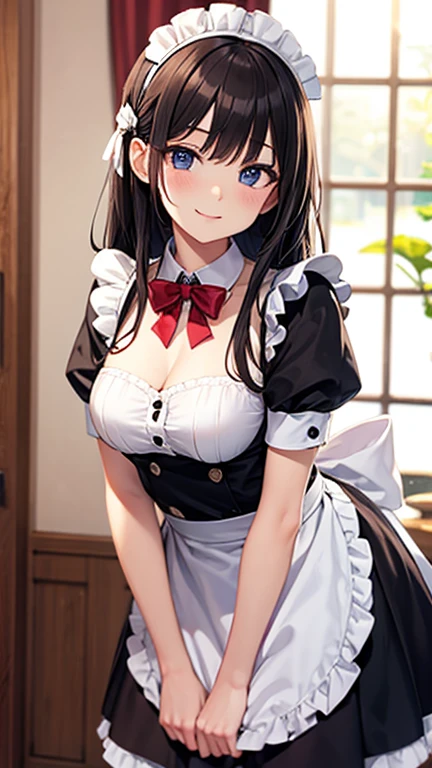 beautiful girl、Maid Cafe、Maid clothes、Upper body is shown、Dazzling smile、