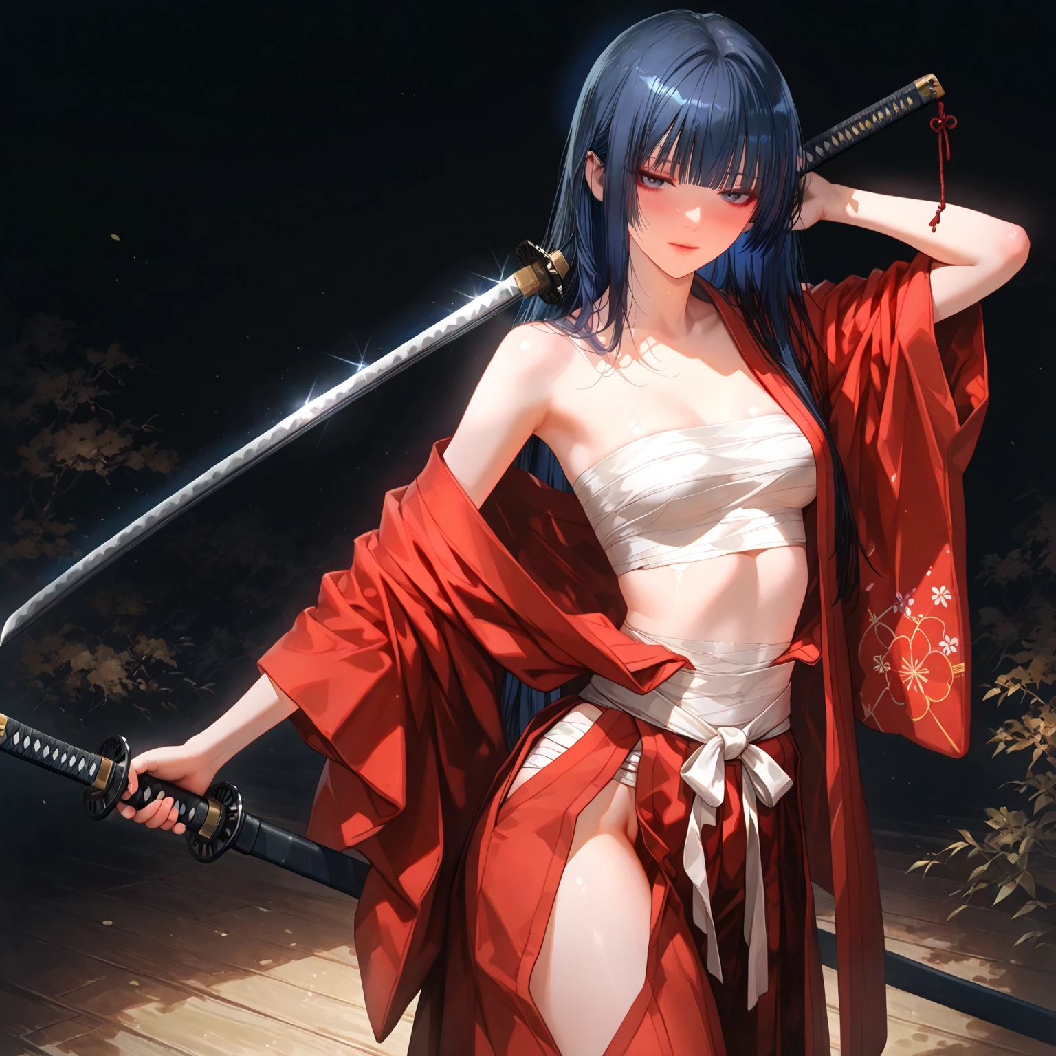 Visualize a Japanese demonic Harley Quinn with neon pink and green hair that seems to glow with an otherworldly light. Her eyes are glowing red with slitted pupils, and her skin is porcelain-like with animated tattoos of ancient Japanese symbols. She wears a torn black kimono with blood-red and gold highlights, adorned with oni masks and cherry blossoms. In her hand is a glowing tantō knife inscribed with demonic runes. The background features a dark, mist-covered forest with twisted trees, ancient shrines, and dim moonlight creating an eerie ambiance.