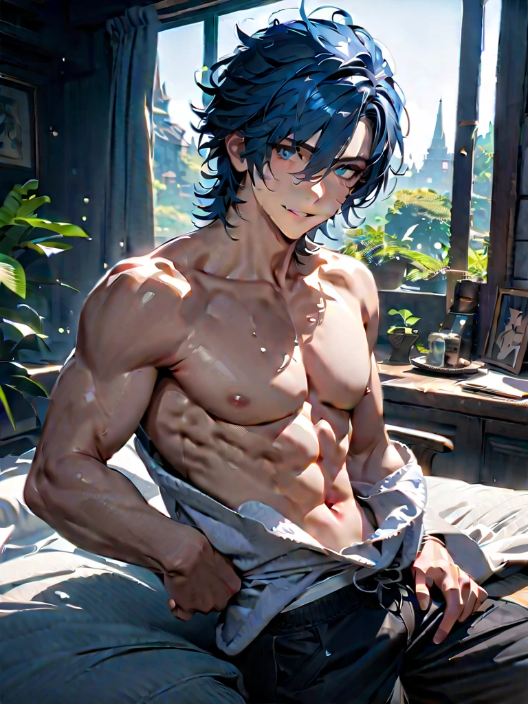 el joven parece ser de una tribu salvaje, He is on the roof looking at the strange city he has long blue hair hair and African tribal clothes tan skin