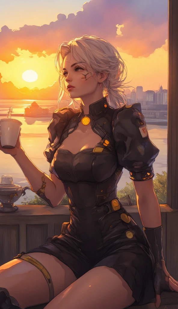anime girl sitting on a wooden floor with a cup of coffee, beautiful digital artwork, relaxing concept art, 2. 5 d cgi anime fantasy artwork, zen méditation cyberpunk, digital 2d fantasy art, digital fantasy art ), anime fantasy artwork, beautiful avatar pictures, artwork in the style of guweiz, anime fantasy illustration, high quality digital concept art