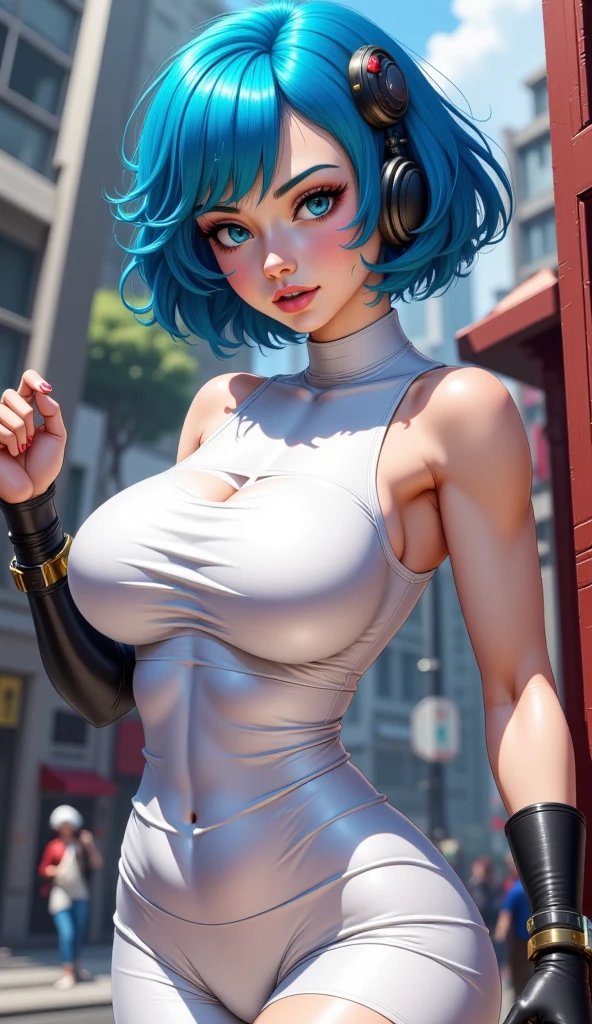 ((Bulma from Dragon ball animated series))(big glowing eyes)(bright red lips)) ((short blue straight hairstyle with bangs))((dark eyeshadows make up))(((very huge breasts))) ((perfect slim body))((wears white t-shirt, low cut pants)) (red scarf tied around neck) ((posing sexy inside capsule corp building)) (high definition, dynamic illumination and shadows) ((masterpiece)) (8k)(perfect face)(best quality) (perfect hands and eyes)