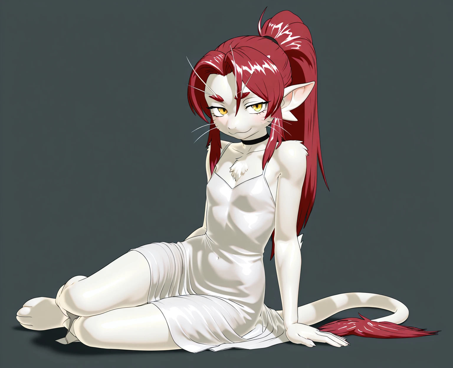 seismic,  ariral, feline, furry male,whiskers, best quality, alien ears, male, clothed, white body, bushy eyelashes, solo, long eyelashes, red hair, ponytail, yellow eyes, white dress, looking at viewer, black choker, shoulder tuft, gray background , tail tuft, shaded, flat chest, evil face, sit