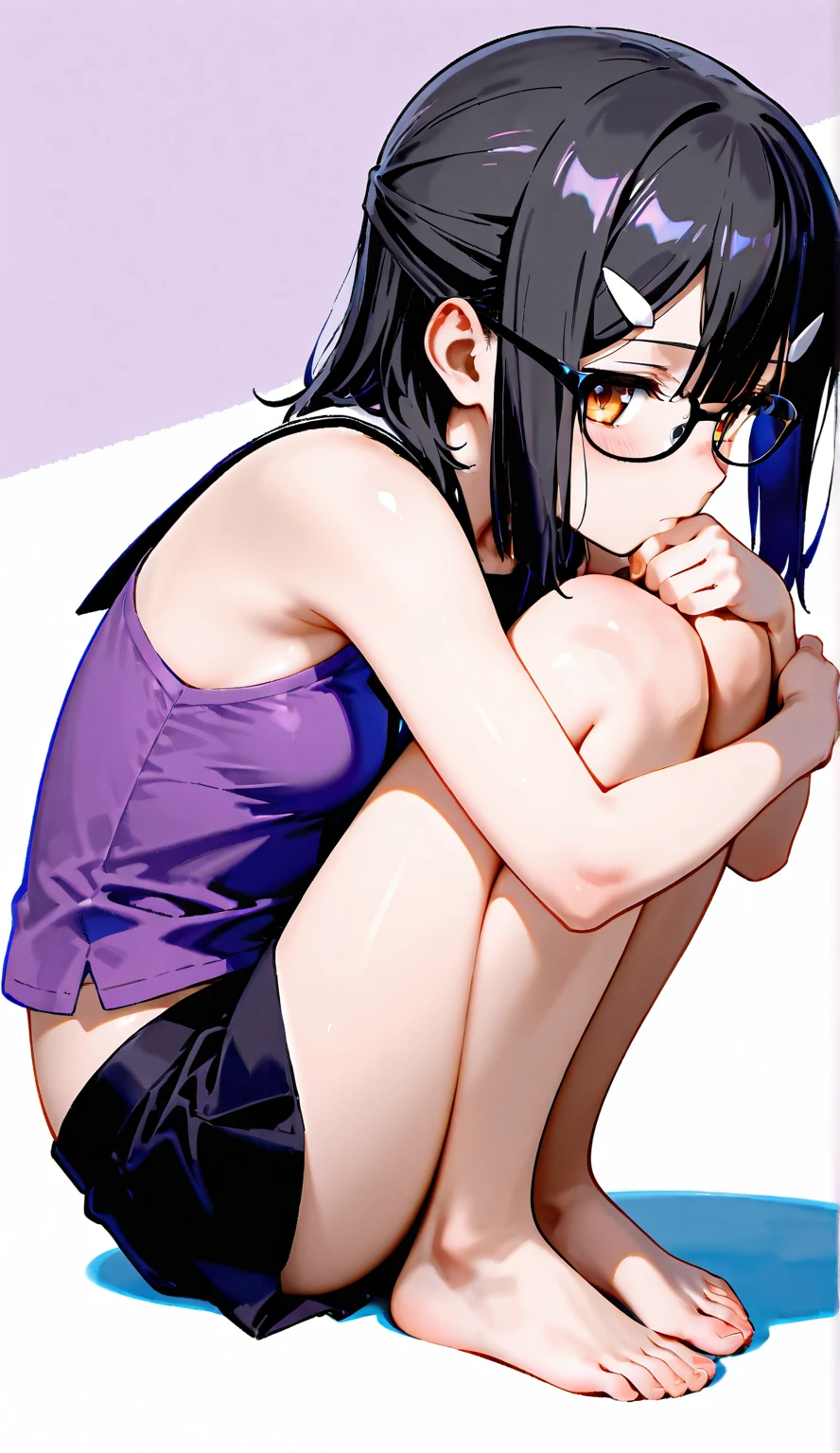 a woman in a short skirt and glasses is posing for a picture, a hyperrealistic , hyperrealistic , cutesexyrobutts, realistic , seductive anime girl, lit from behind, , bending over, ecchi, ecchi anime style, oppai, beautiful anime girl squatting, ecchi style, anime, anatomically correct, super detail, high quality, 4K