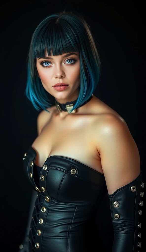 (goth girl:1.05), (goth makeup:0.9), short hair, blue lipstick, azure hair, naughty smile, studio lighting, photography by Holly Randell