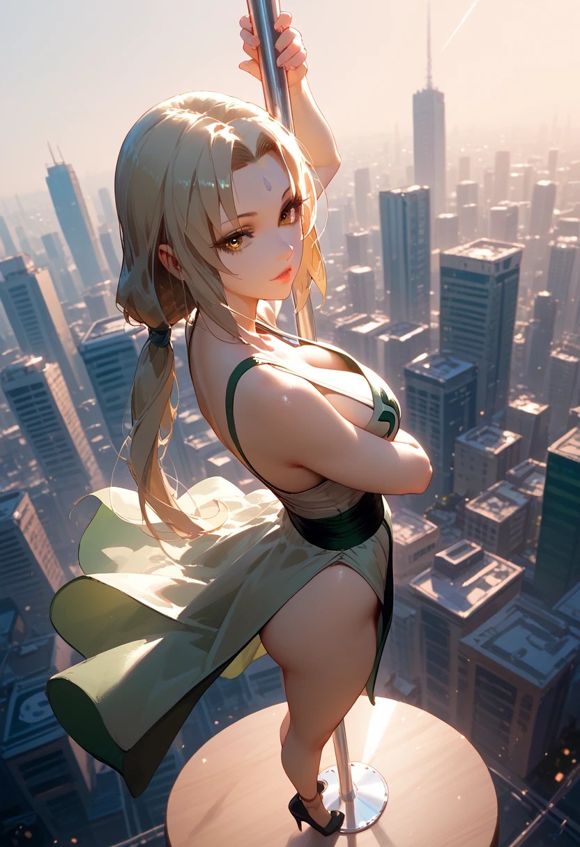 Valeria, a titanic 58-meter goddess, rises from a cliff at dawn, her bronze skin glistening in the first rays of the sun. Her golden, wavy hair cascades down her back and shoulders. Standing on a vast plain, her posture is firm and provocative, one leg slightly forward and one hand resting on her hip. Her piercing, lustful eyes watch the people at her feet, captivated by her magnetic presence. Her lips curl into a seductive smile and her divinely sculpted body exudes an aura of overwhelming eroticism, casting a spell of desire and adoration over all who gaze upon her.