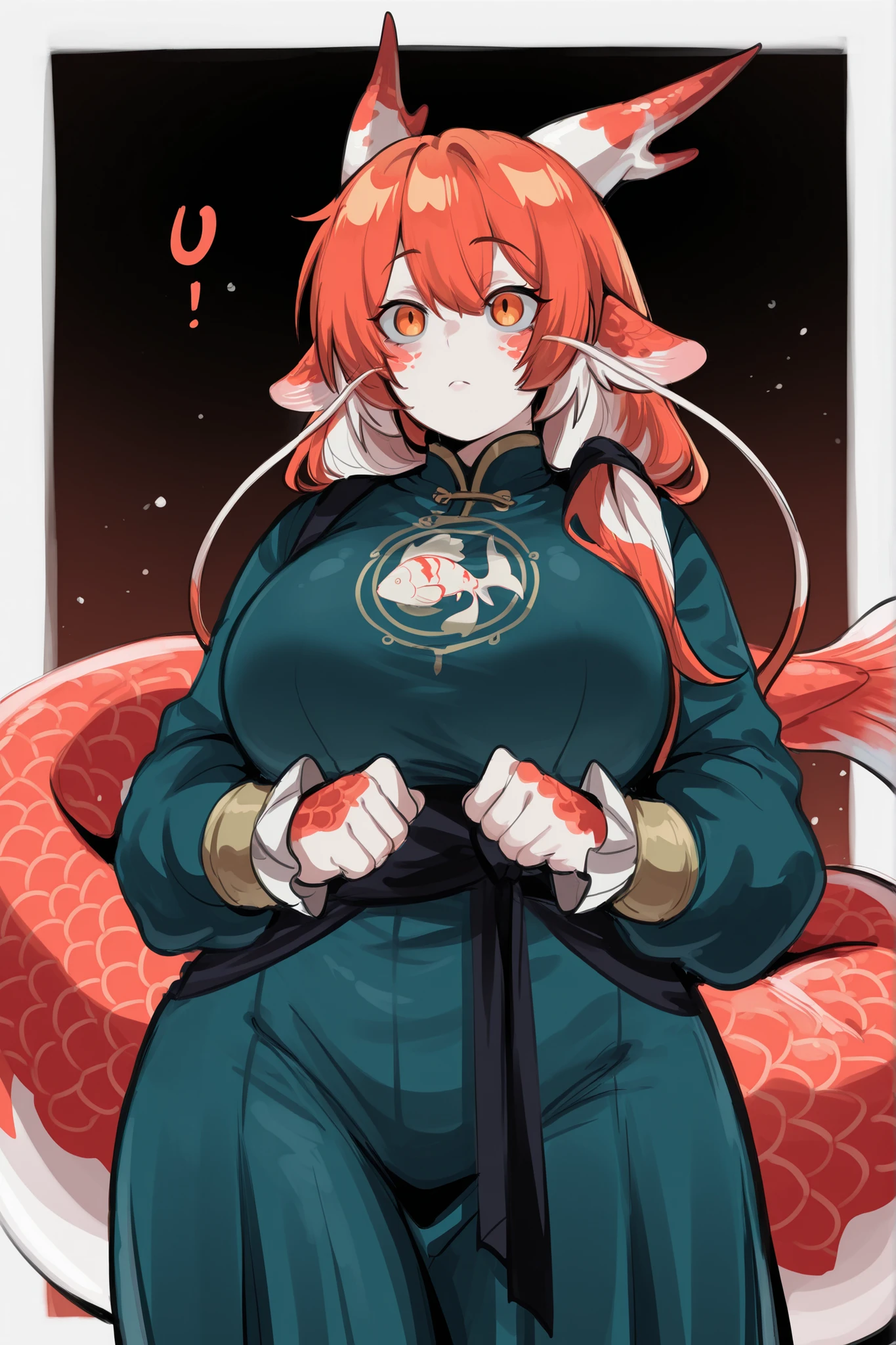 score_9. score_8_up. score_7_up. score_6_up. , score_5_up. score_4_up, BREAK, best quality, masterpiece, hyperdetailed, 8k, hd, absurdres, perfect, very aesthetic, absurdres, newest, kurenaiz, victorian era, solo, 1girl, girl focus, adult, koi fish pattern skin, koi fish hair pattern, orange eyes, Chinese dragon horns, dragon ears, dragon whiskers, koi fish tail, monk's clothes, no human ears, SFW