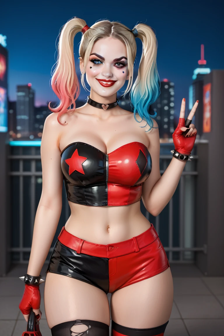 19 year old Olivia Dunne as a sexy Harley Quinn, (red and blue body paint), shy, embarrassed, (standing on stage), in a bar, hands covering breasts