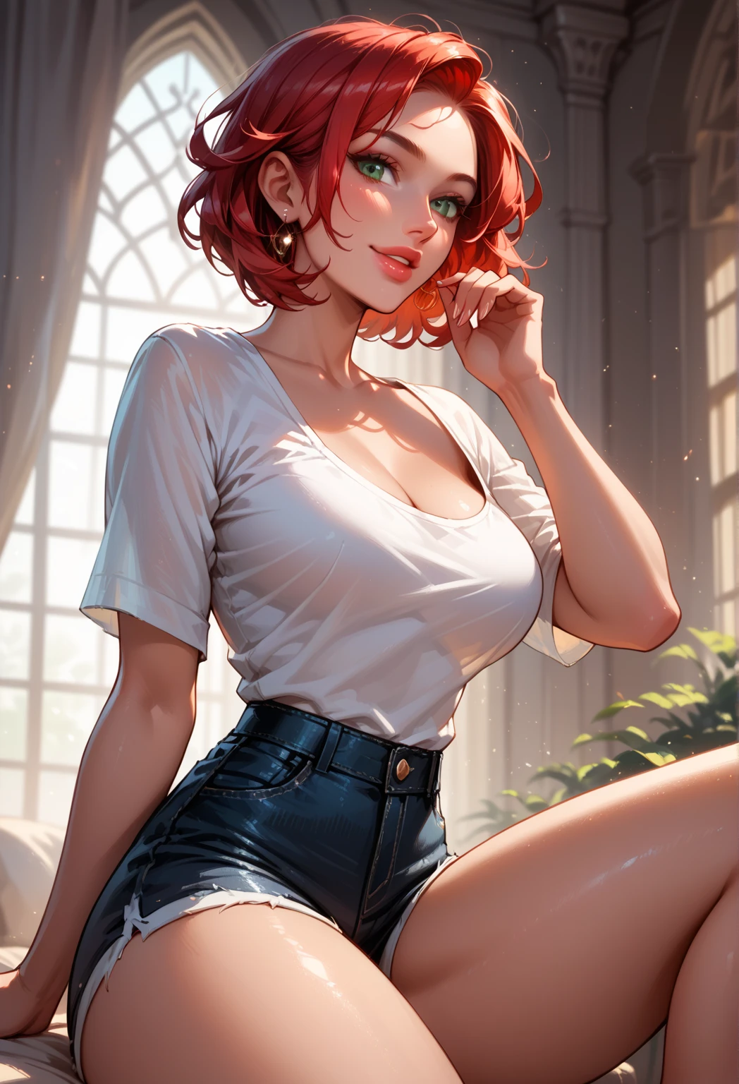 best quality, masterpiece, solo, 1girl,  looking at viewer, outline, curvy, short hair, orange hair,