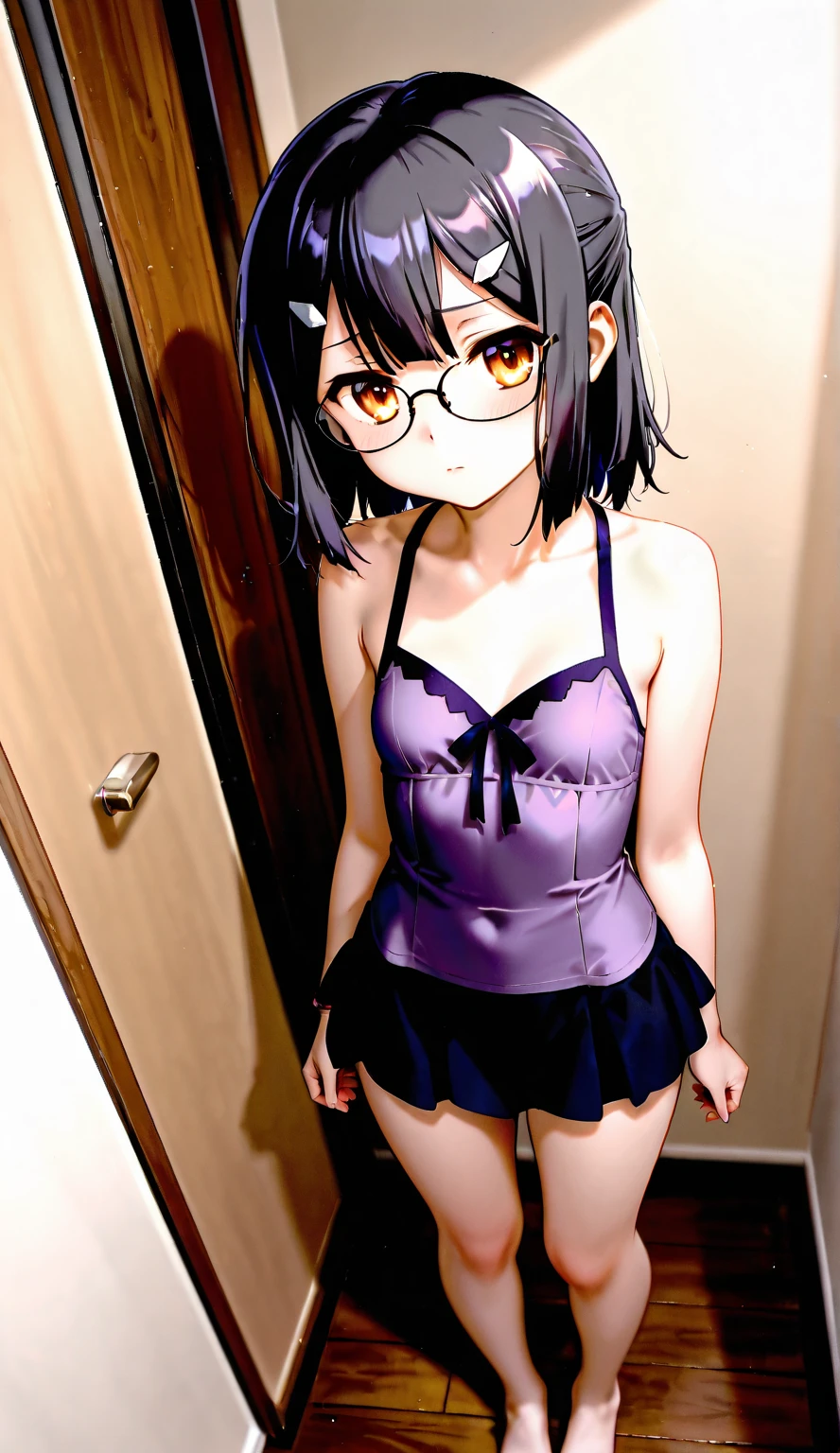 (masterpiece), (8k, best quality, high resolution), (ultra-detailed, realistic), (anatomically correct),
((from head to thighs)), (Standing), (No background),
(1woman), (looking at viewer), ((Pick up the hem of the dress with both hands so that your navel is visible)), ((show all the navel)), (A Japanese woman, 30 years old and 155cm tall),
(black hair), (straight hair), (short hair style), ((bob cut)), (hair behind ears),
(wear glasses), ((black cell frame glasses)),
((Wear a navy blue spaghetti strap dress)), ((Mini length dress with a simple design and minimal decoration)),
(wear panties), ((white panties)),
(Create a detailed image of the eye),
(Her impression is pure, clean and kind.),
((A captivating smile, just showing a few teeth.)),