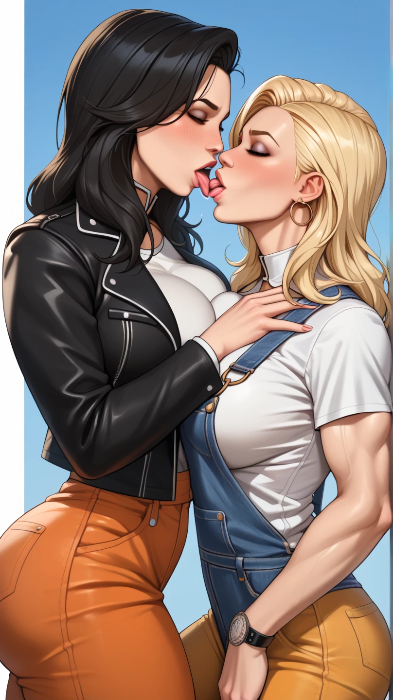 Lesbian mating, The blonde is wearing a blue pleated leather skirt...., Brunette holds and kisses blonde in leather pants from behind, 4K, top quality
