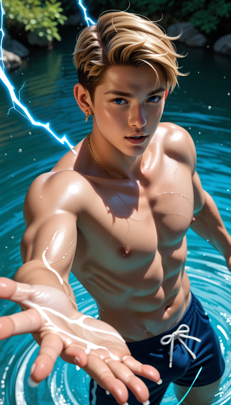 A young boy with white hair，fair skin，handsome，The triangle briefs are wet, so I took half of them off.，裸上半身Soaked in milk，Showing six-pack abs and chest muscles with water droplets on them，Soaked in milk，纖細長腿Soaked in milk，The bottom highlight is very large and dripping，Soaked in milk，Tilting their head back, they wore an expression of comfort.，hands on the floor，covered in milk，There&#39;s milk on your face too，身上Soaked in milk，Complete character
