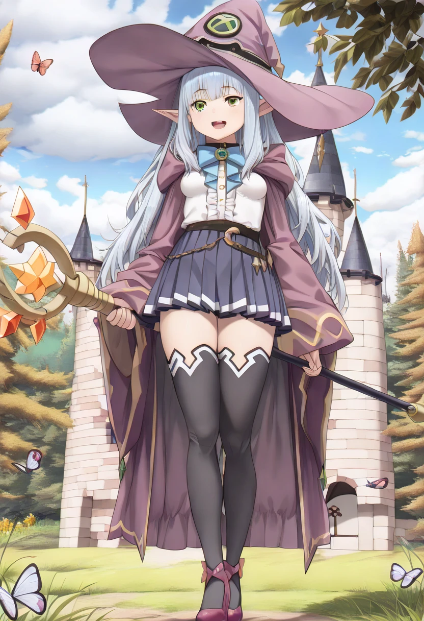 A mature woman, wearing a black witch uniform with red details, a red witch hat, long white hair, orange eyes, large breasts, black heels, exposed shoulders, long female stockings, smiling, walking along a stone sidewalk, overlooking the A large fantasy-themed lawn, with fantasy-style mountains in the background.,(solo woman),flower, UHD, masterpiece, accurate, anatomically correct, textured skin, super detail, high quality, best quality, 8k, high resolution, bokeh effect.

