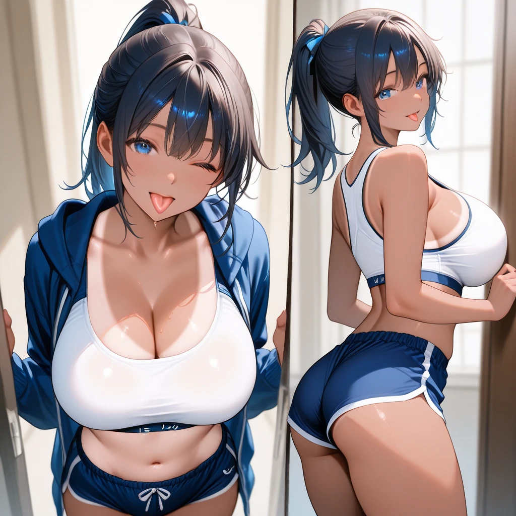 One girl, highest quality, Super detailed, masterpiece, Ultra-high resolution, 8k, Ridiculous, Cowboy Shooting, Focus on the girl, Embarrassing, blush, Lovely, Close one eye, With tears in her eyes and her mouth open, What saliva leaves behind, (arms behind head), (wariza), (competition swimsuit), (cleavage),(crop top navel), Sticky panties, White lace panties, Classroom Background, (Videl:1.2), The skirt is accidentally exposed,alrge breasts, Accidentally exposed panties, Absolute area, Black knee socks