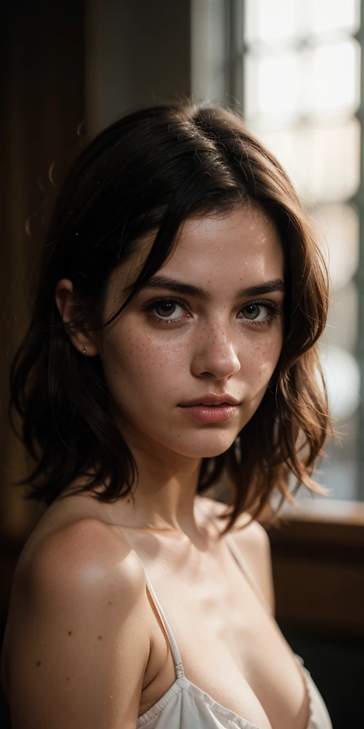 feminine figure, dark auburn hair, freckles, best quality, realistic skin texture, blushing, upper body portrait, dimples, comfortable, warm, photography, detailed facial features, film grain texture and high contrast, extremely high-resolution details, photographic, photorealistic, hyper-realistic, HDR, masterpiece, short messy hair.