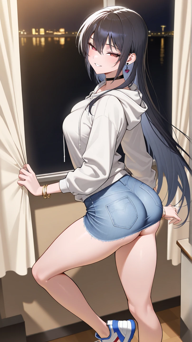 masterpiece, best quality, high resolution, UHD, 8k, cowboy shot, (anime style), sharp, Beauty of perfect body, BREAK, 1 girl, girl style anime, shiny skin, rounded eyes, beautiful eyelashes, realistic eyes , ((wearing black glasses)), medium breasts, black hair, long hair, shiny hair, wearing tight jeans, sexy jeans, BREAK, perfect simetry, perfect anatomy, wearing purple sports jacket, with a pink blouse, whit gold earrings and black choker, (buttocks 1.5), BREAK, (view back:1.2), (From bottom :1.2) rest standing in a classroom and writing in a blackboard equations.