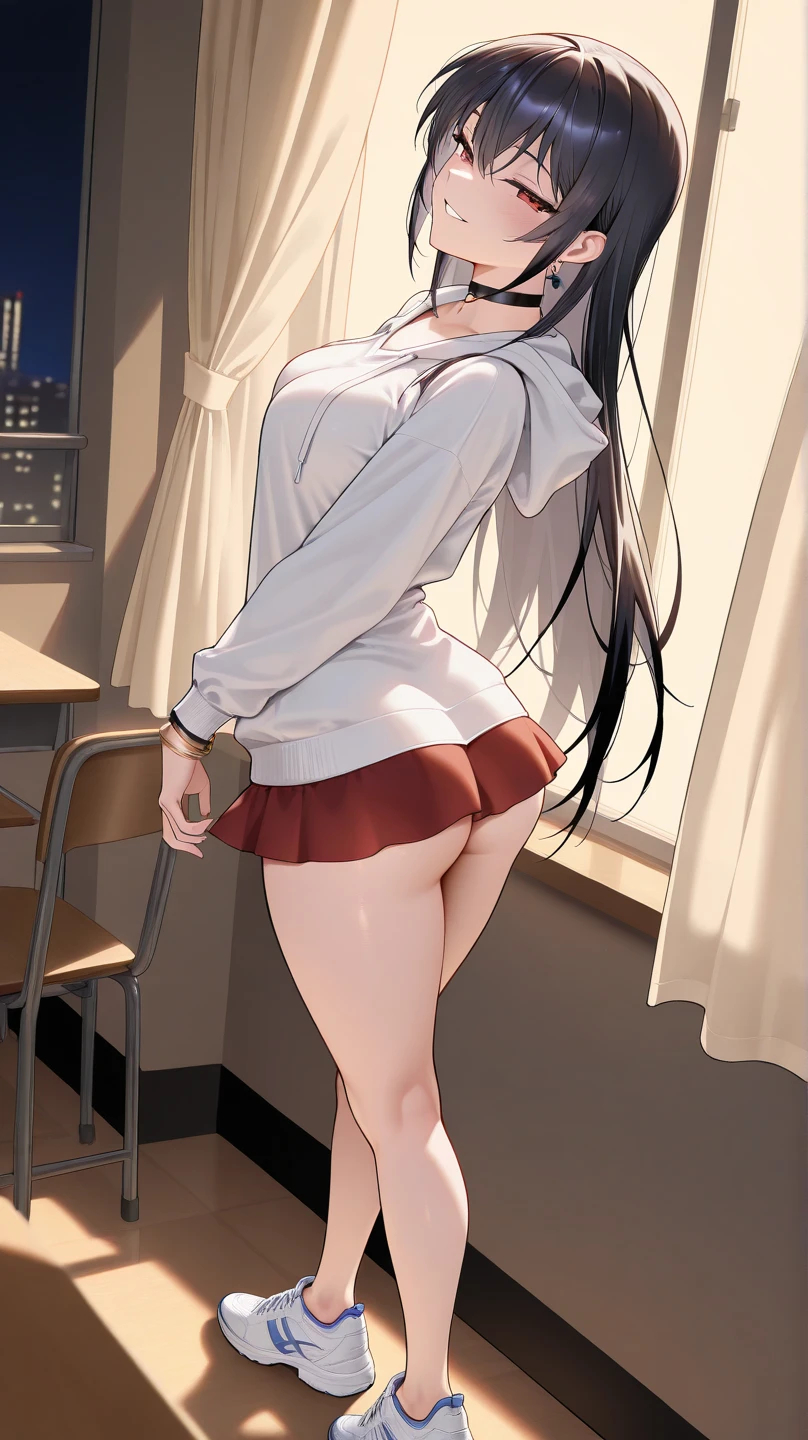 rintohsaka, rin tohsaka kyockcho, aqua eyes, (black hair:1.5), hair ribbon, long hair, ribbon, sidelocks, two side up, (parted bangs:1.5),
BREAK black skirt, black thighhighs, long sleeves, miniskirt, pleated skirt, (red sweater:1.5), skirt, sweater, thighhighs, turtleneck,
BREAK indoors, classroom,school,desk,tables,
BREAK looking at viewer,
BREAK (masterpiece:1.2), best quality, high resolution, unity 8k wallpaper, (illustration:0.8), (beautiful detailed eyes:1.6), extremely detailed face, perfect lighting, extremely detailed CG, (perfect hands, perfect anatomy),standing, from behind,back view photo,full body,long legs, shows panties,upskirt,sexy panties,wet panties,