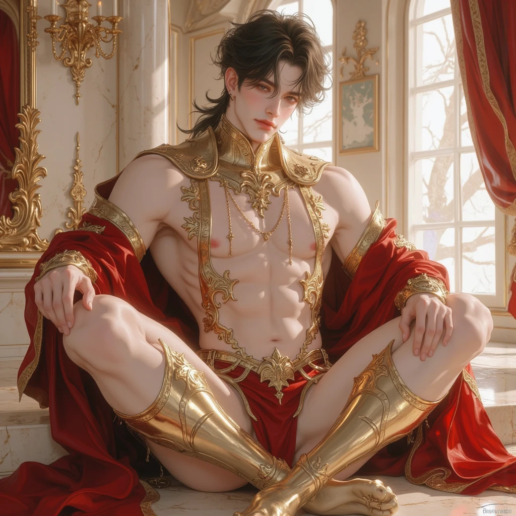 HD quality, high definition, male 18 years old handsome prince, muscular and slim, red lips, leaning against royal throne, naked with exposed vagina, model with bracelets, earrings and Necklace, wearing a royal cape, with shoes and a crown on his head.