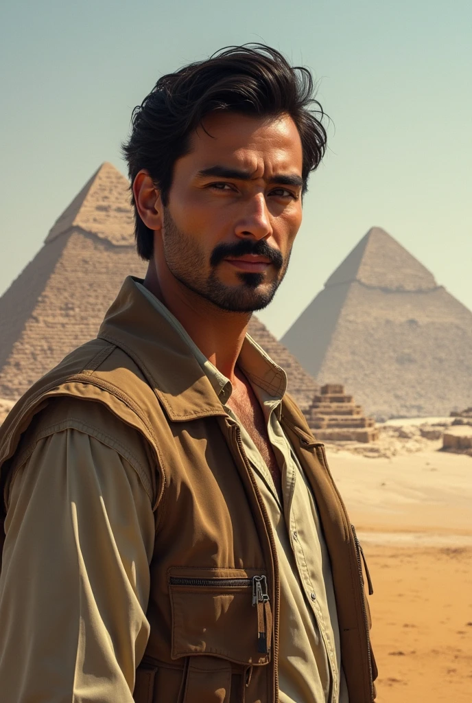 Showcase a portrait of a man, dressed like Nathan Drake, to be used as a YouTube channel thumbnail and profile picture, the man is standing in front of the Egyptian pyramids in the hot desert sun, but facing us so we can see his rugged, handsome face. It is a bright sunny day. It should be fun and adventurous with a hint of mystery. 8k