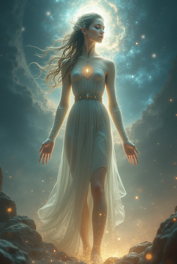 A sexy black white woman emerges from stardust with magical symbols