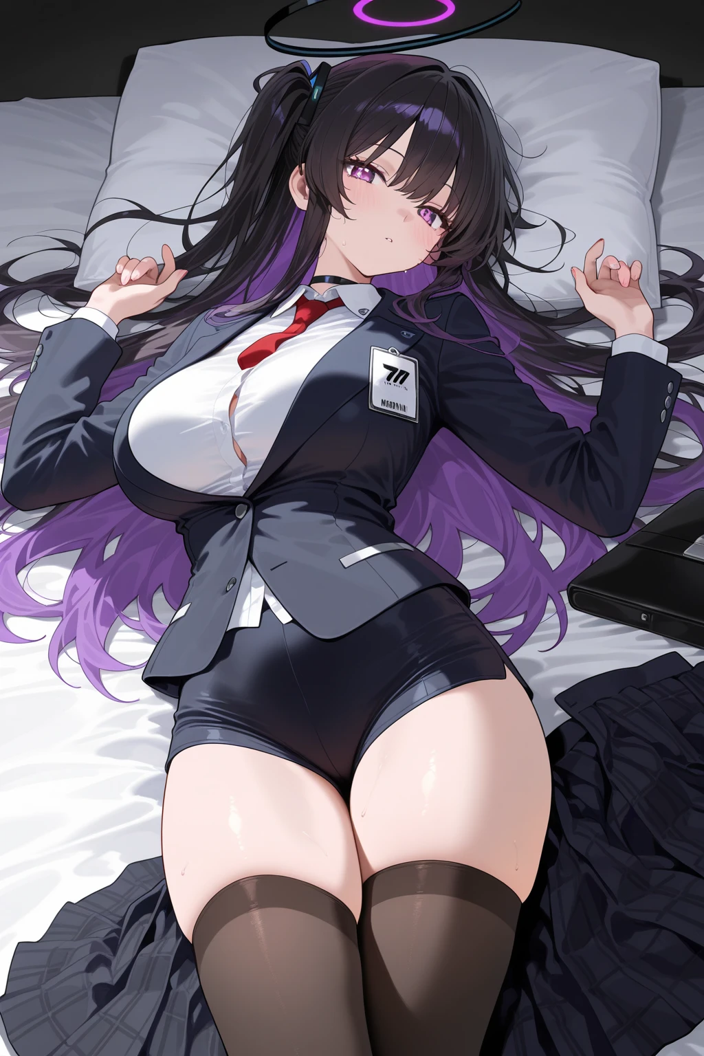 1raiden shogun, black shirt,purple hair,red necktie, lying,on back,bed,arms up,military uniform,small breasts, pencil skirt,masterpiece, highres, best quality