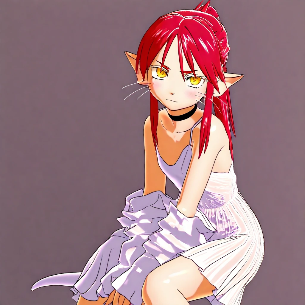 seismic,  ariral, feline, furry male,whiskers, best quality, alien ears, male, clothed, white body, bushy eyelashes, solo, long eyelashes, red hair, ponytail, yellow eyes, white dress, looking at viewer, black choker, shoulder tuft, gray background , tail tuft, shaded, flat chest, evil face, sit