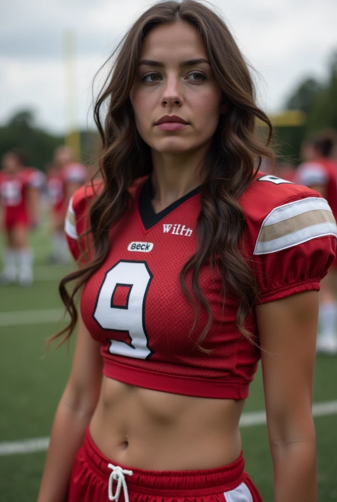 Beautiful 2 woman, 170 cm tall, 60kg weight, White skin, long dark hair, green eyes, hairstyle, wearing pink and black lingerie, ((nfl jersey)), (((american football protection gear))), american football helmet, looking somewhere else, (((football field))), football stadium, smile, flash lights, Realistic portrait, Very detailed, analog style, under the chest, (((Whole body))), cute pinup pose, breast, nipslip