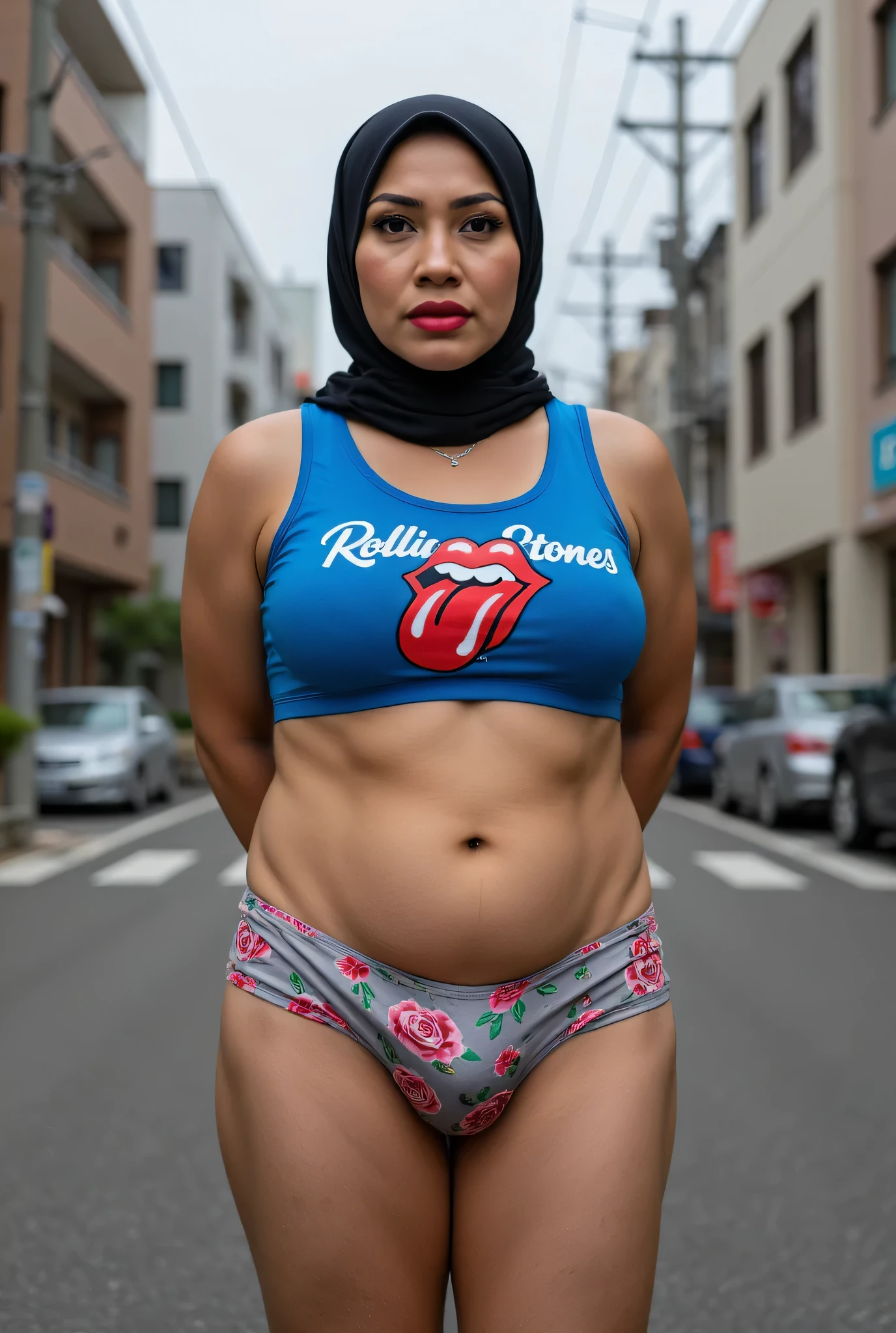 High Quality HD Photoshoot , Fat ssbbw, (((MALAY HIJAB GIRL))), ((please don't put anything rope in my clothes)), (realistic, photo-realistic:1.4), (1 FUTUNARI), big breast, wearing blue 'The Rolling stones brand logo' print cropped singlet. hand on hips, ((HEAVY NIPPLES)), ((TEARS)). KEDUA BELAH TANGAN DILETAK DIBELAKANG PUNGGUNG' Futanari long erect penis, background Di tengah Kota Yang sepi Di negara jepun, (masterpiece, Best Quality), 8k,(((Very detailed))), TATU BUNGA ROS DIBAWAH PUSAT PIERCING LONG DIAMOND , PENIS SANGAT BESAR MENEGANG KE ATAS