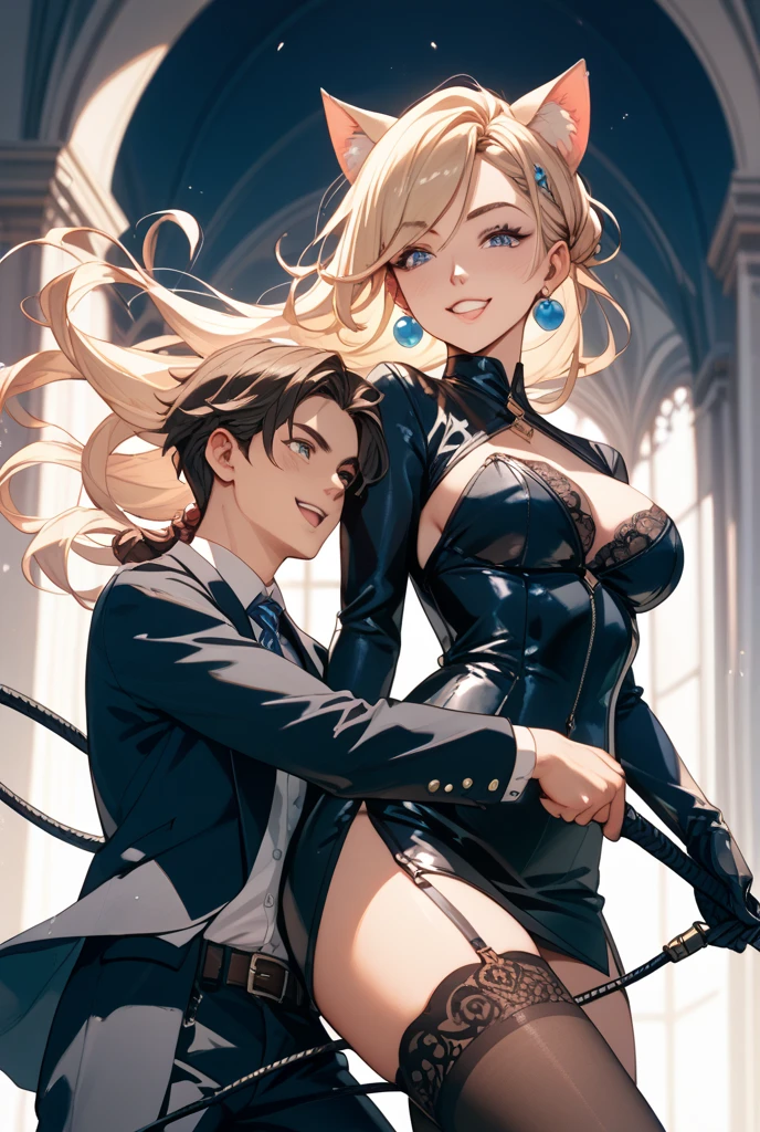 Anime blonde girl in a dress holding a knife,A man with black hair and glasses wearing a black shirt, Magical Breasts,Ahegao,tits, Succubus in a tight short dress,Futanari, Naughty,Couple sitting on man,Anime Moe Art Style, Digital anime illustration, Pixiv 3DCG, Female protagonist,Facing forward